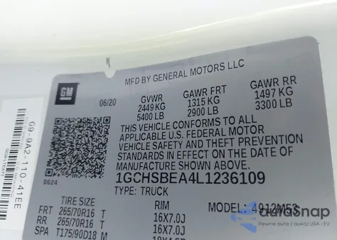 2020 Chevrolet Colorado 2Wd Long Box Wt из США, поврежденный, VIN 1GCHSBEA4L1236109